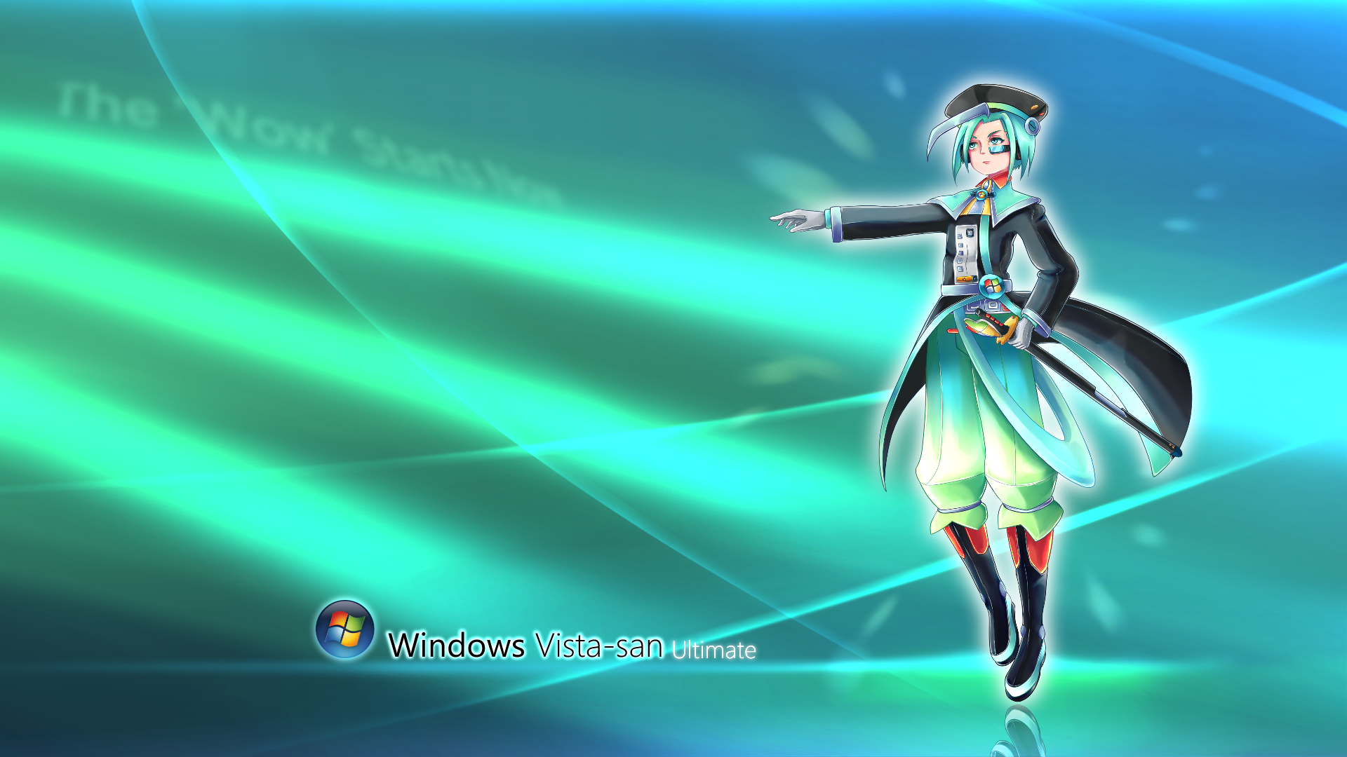 Anime OS-tan (Vista-tan) character in teal and black outfit posing on a glowing green-blue HD PC desktop wallpaper background with Windows Vista logo.