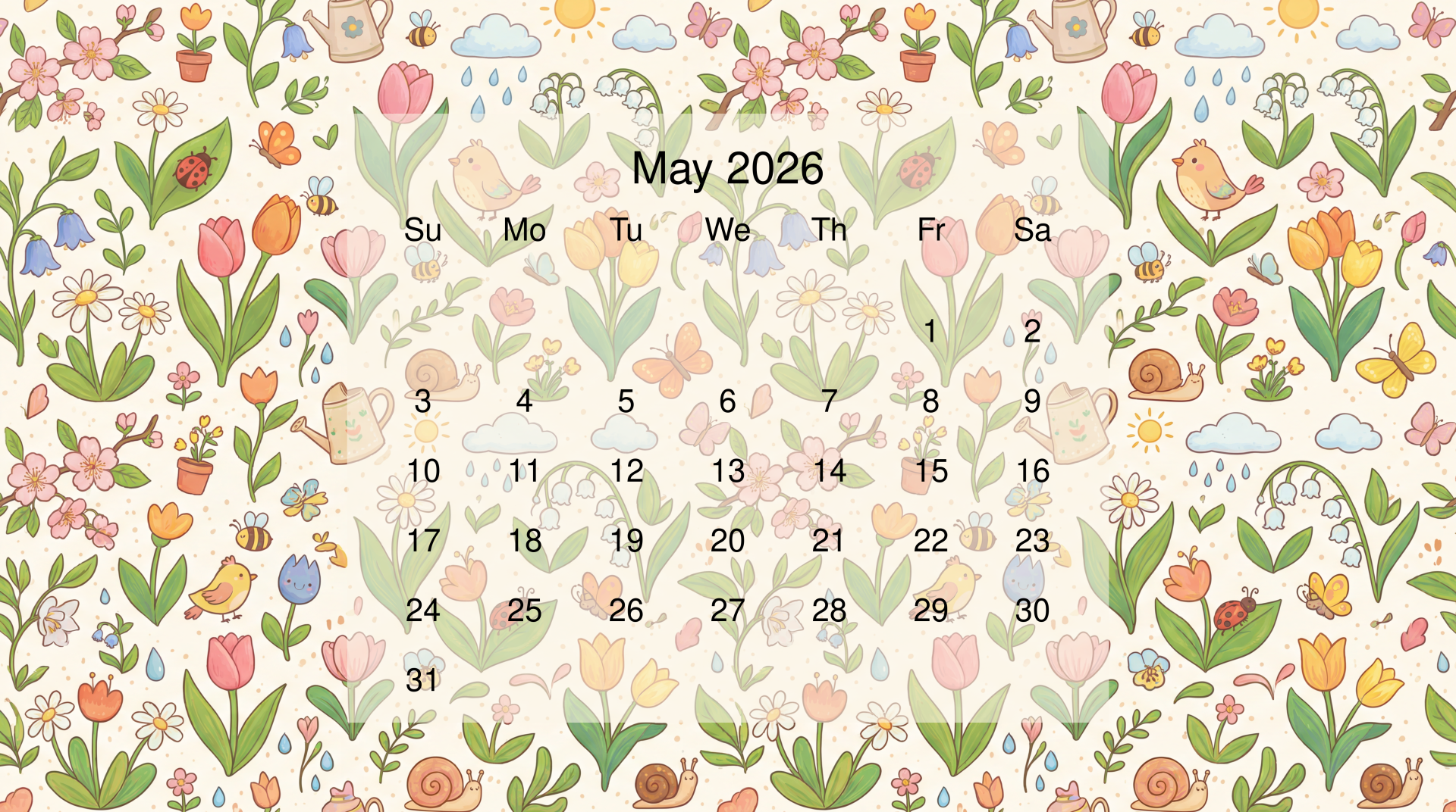 May 2026 calendar over a pastel spring floral pattern with tulips, watering cans, birds and snails — 5K Ultra HD PC desktop wallpaper and background.