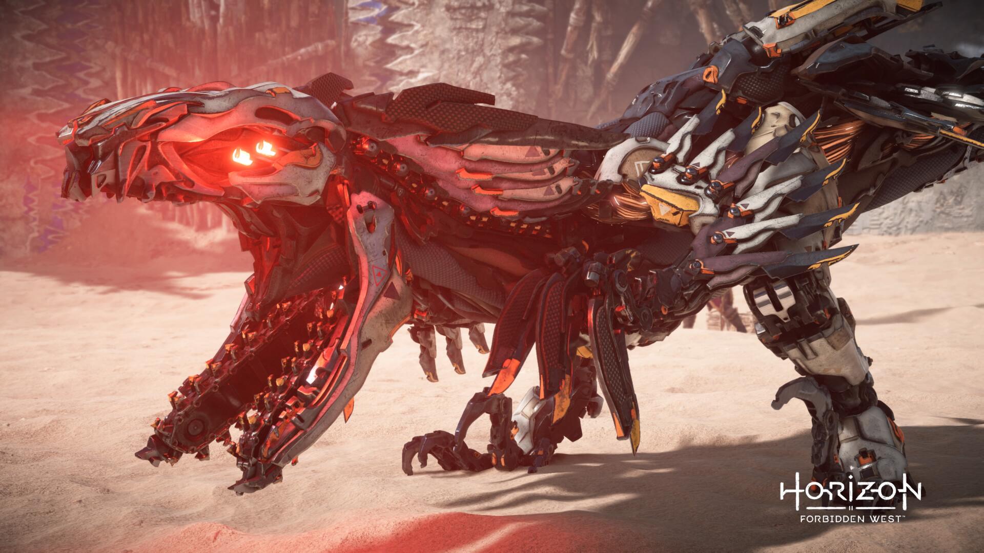 Video game — Horizon Forbidden West 4K Ultra HD PC desktop wallpaper and background: a red-glowing machine beast prowls a sandy landscape, its mechanical limbs and exposed circuitry glinting.
