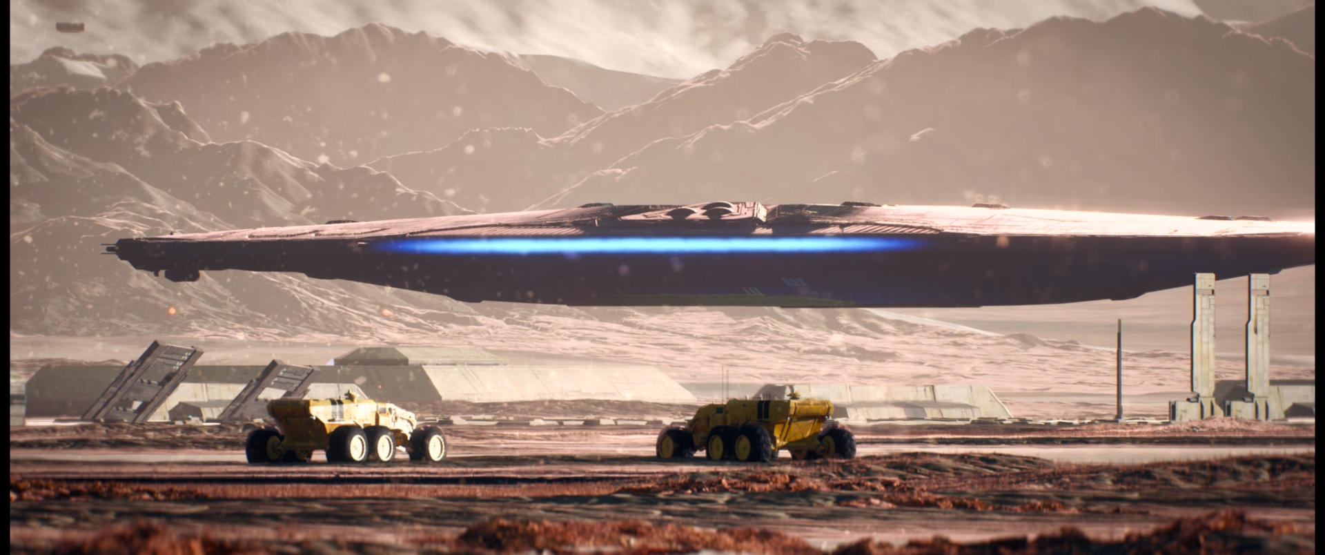 Homeworld video game 2K Quad HD PC desktop wallpaper/background: hulking alien mothership with glowing blue underside hovers over a desert plain as two armored ground vehicles traverse the foreground.