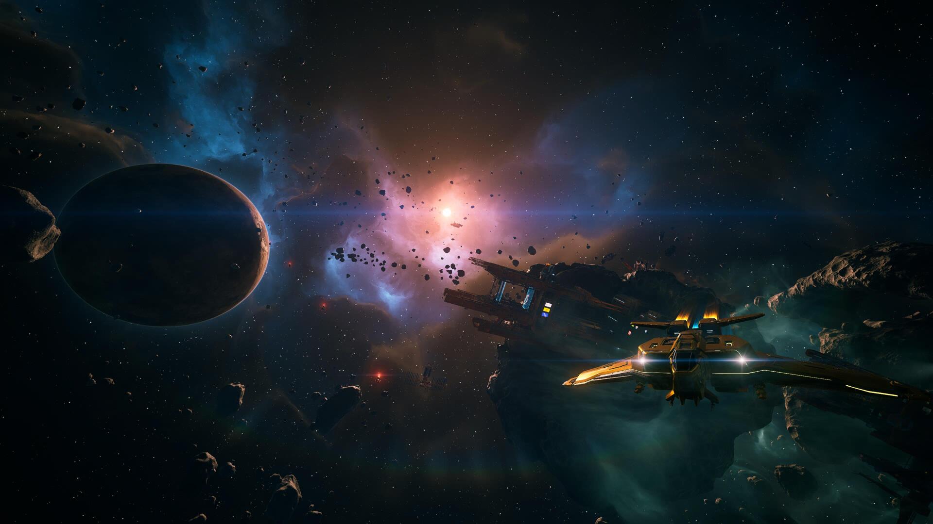 Everspace 2 video game 4K Ultra HD PC desktop wallpaper: sleek starships navigating an asteroid field against a glowing nebula and distant planet.