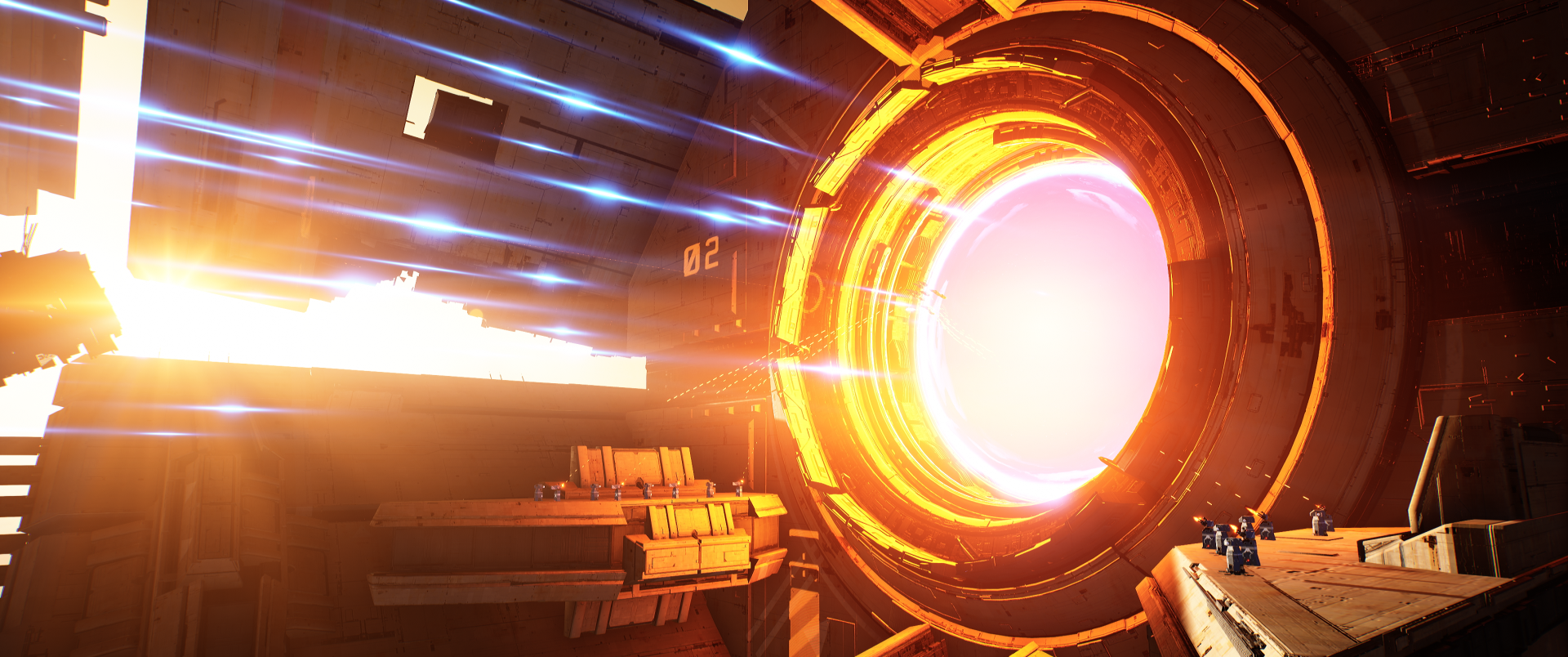 Homeworld video game 2K Quad HD PC desktop wallpaper and background: blue-trailing fighters streak toward a blazing orange warp ring set on a massive mothership.