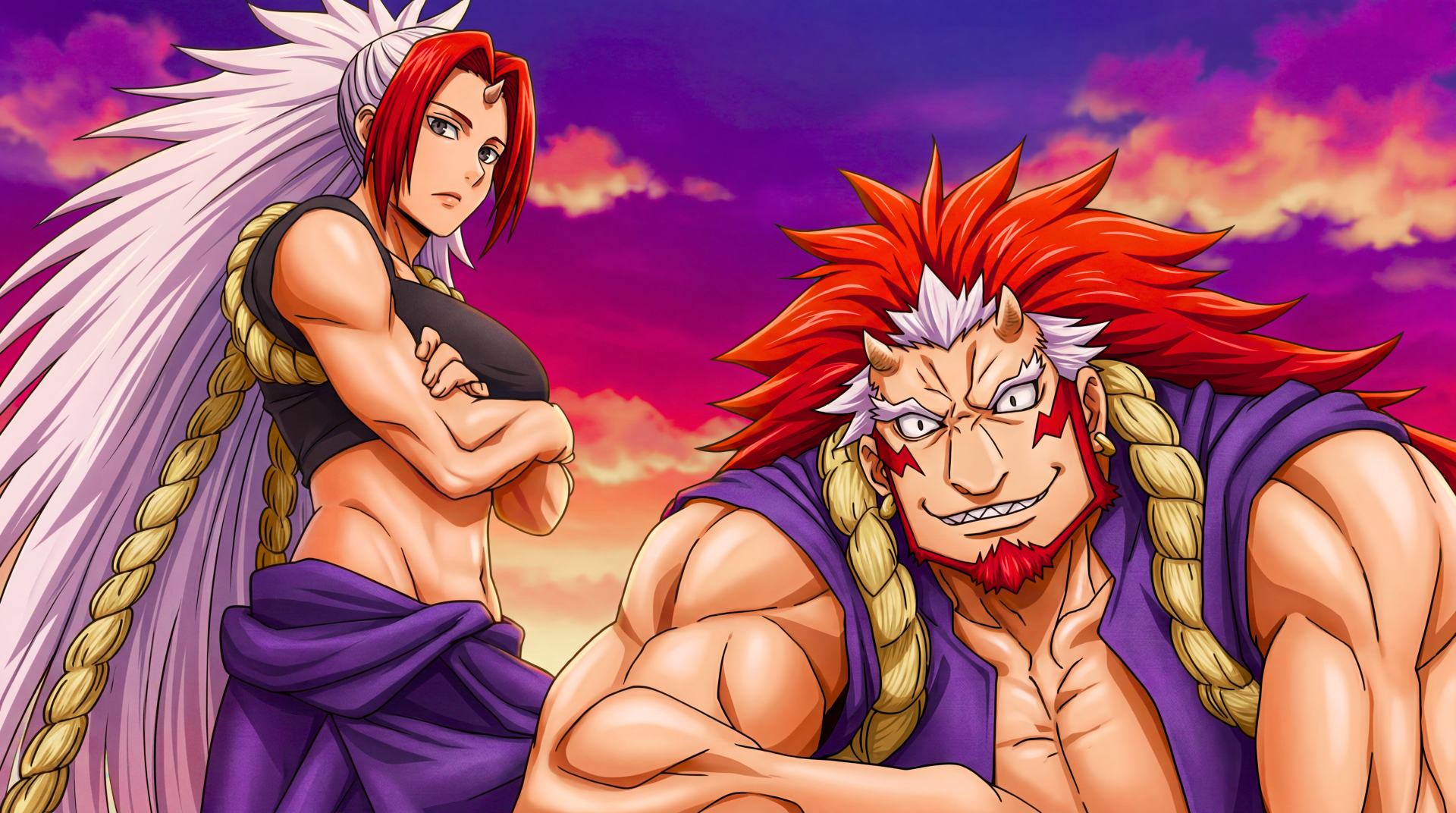 Daemons of the Shadow Realm anime wallpaper: Hidari stands with crossed arms and long white hair, muscular Migi grins beside him against a vivid sunset — 5K Ultra HD PC desktop background.