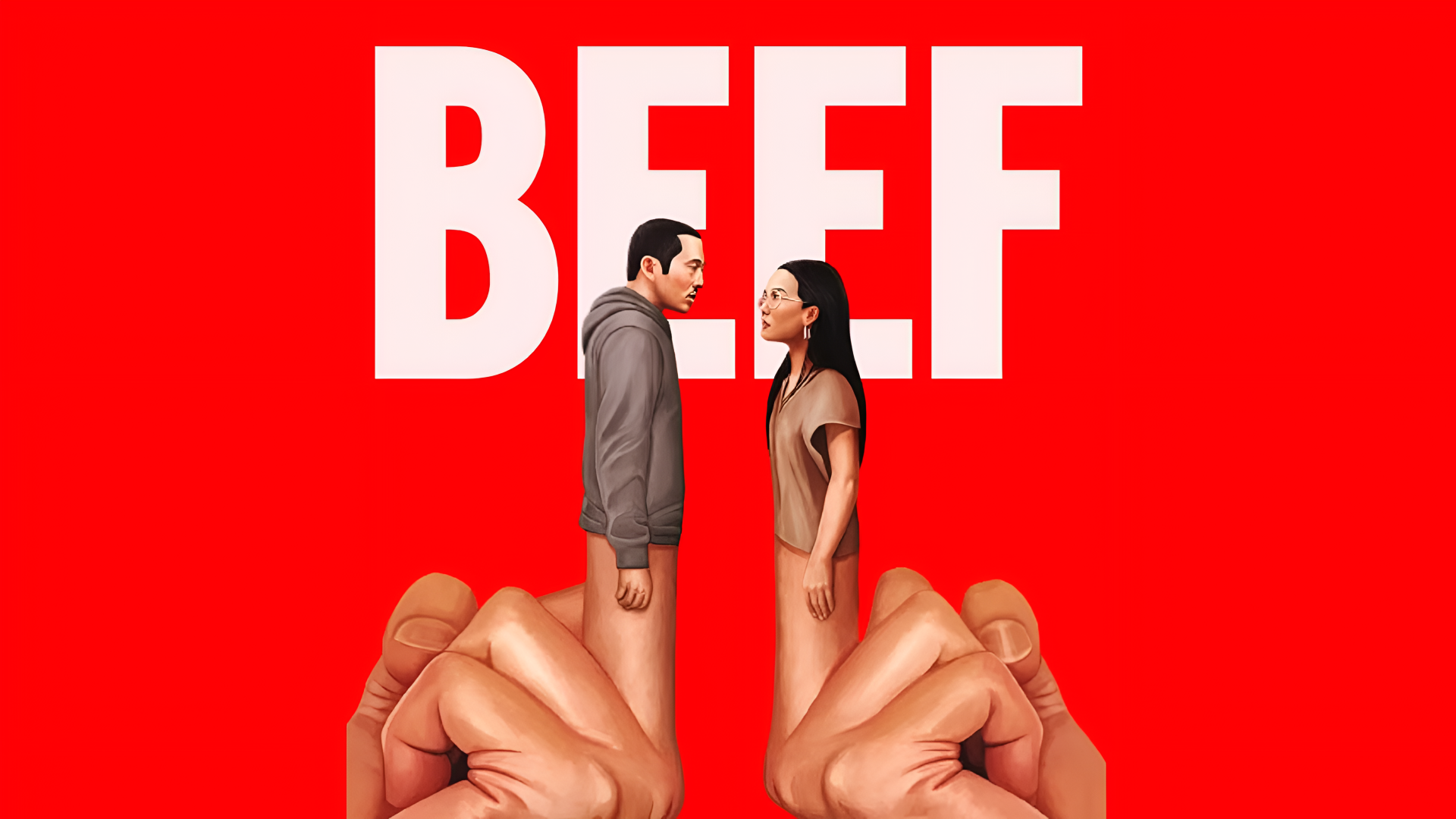 4K Ultra HD PC wallpaper for TV show Beef (2023): two people face-to-face atop clenched fists, bold red background with oversized white BEEF title.