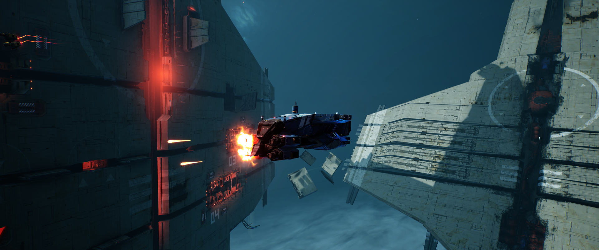 Homeworld video game 2K Quad HD PC desktop wallpaper showing a fighter firing between massive capital ships and drifting debris in cold blue space.