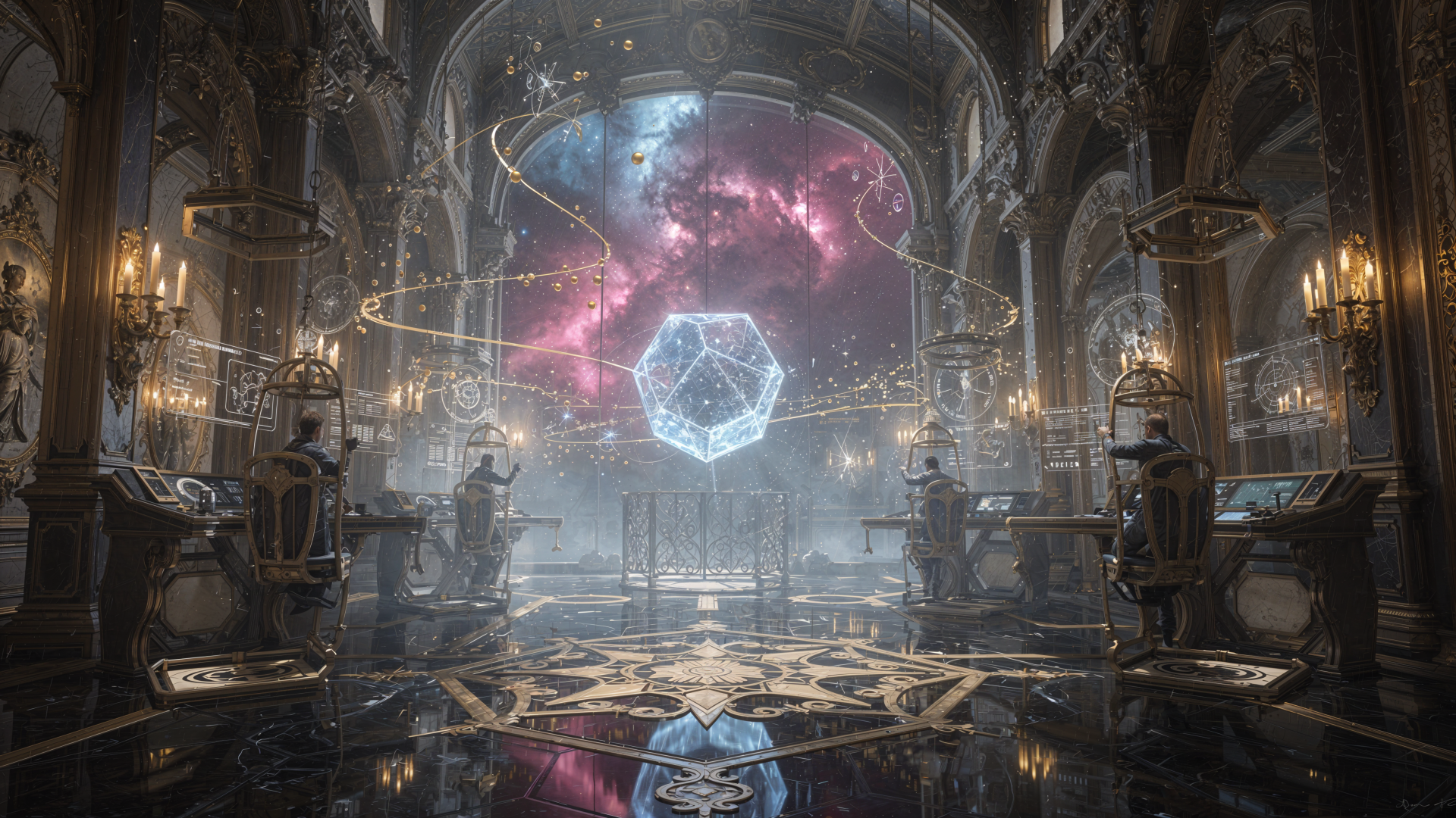 Ornate starship bridge interior with cathedral arches, a central floating holographic polyhedron and orbital rings against a cosmic nebula — 4K Ultra HD PC desktop wallpaper background.