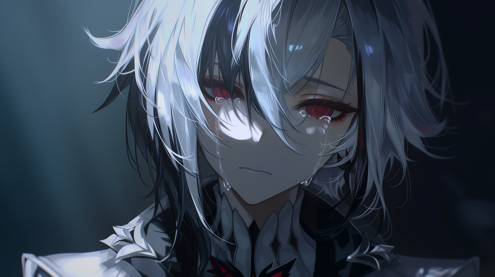2K Quad HD PC desktop wallpaper from the video game Genshin Impact showing Arlecchino: a sad, crying anime girl with white hair and red eyes, tears streaking down her pale cheeks.