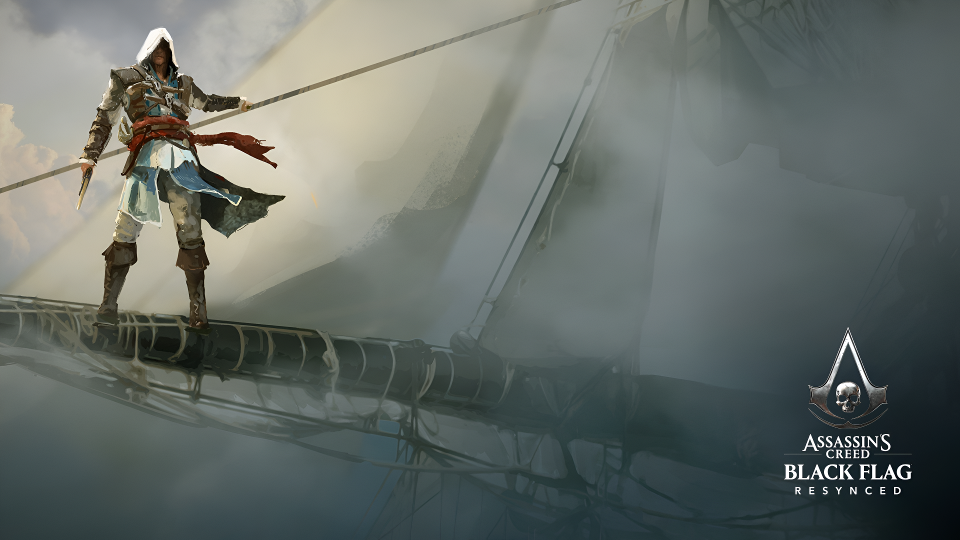 4K Ultra HD PC wallpaper of Assassin's Creed IV: Black Flag — hooded assassin walks along a ship's bowsprit through foggy seas, game logo at bottom right.