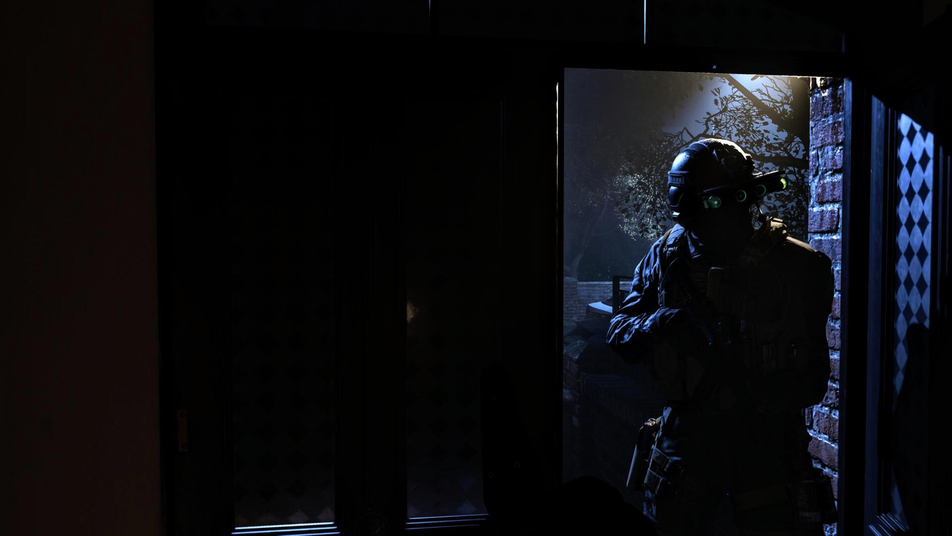 4K Ultra HD PC desktop wallpaper: dark, moody Call of Duty 4: Modern Warfare scene showing a silhouetted soldier in tactical gear holding a rifle in a doorway.