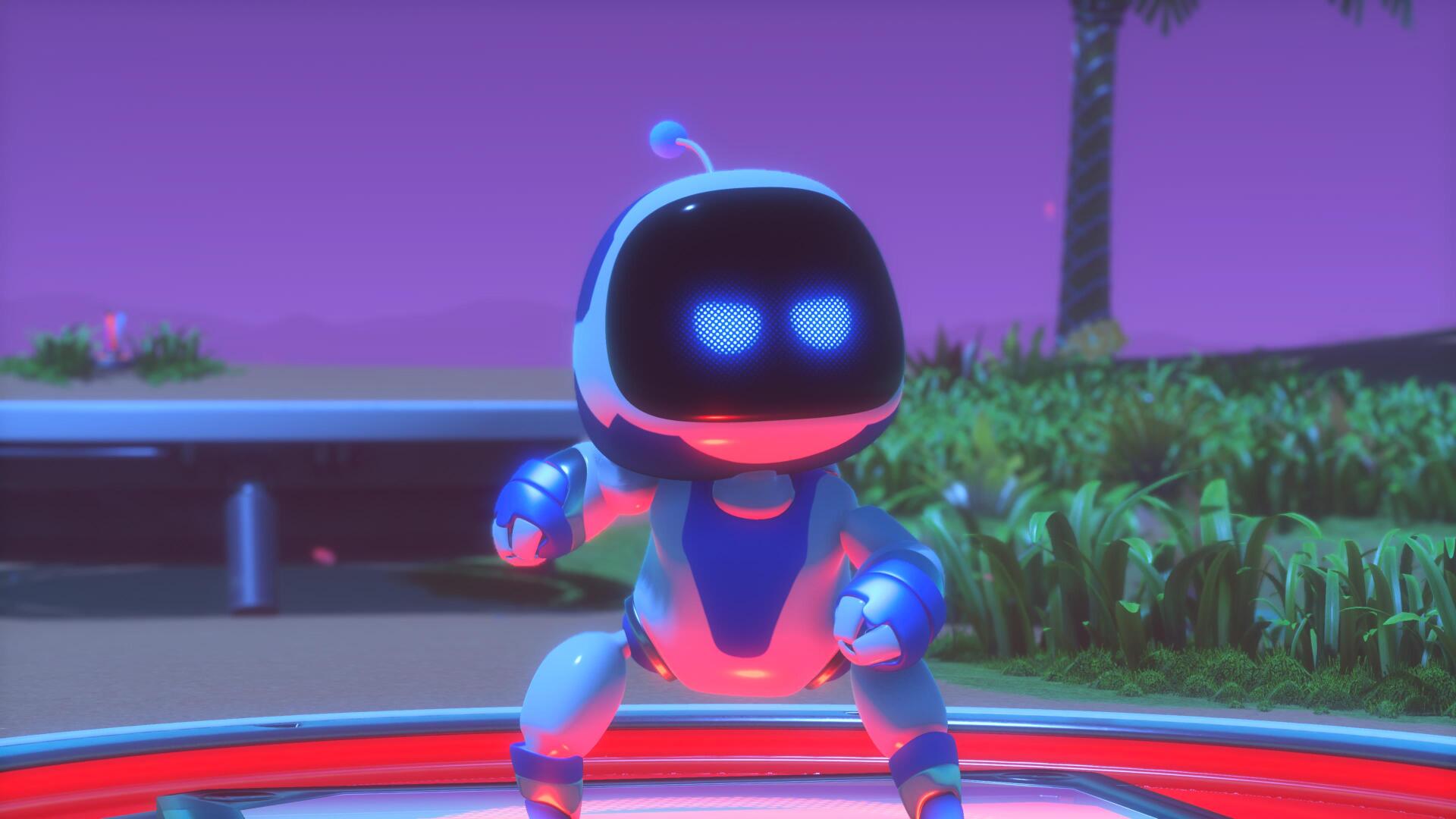 Astro Bot from Astro Bot Rescue Mission glowing blue on a neon platform at dusk — 4K Ultra HD PC desktop wallpaper background for a video game.