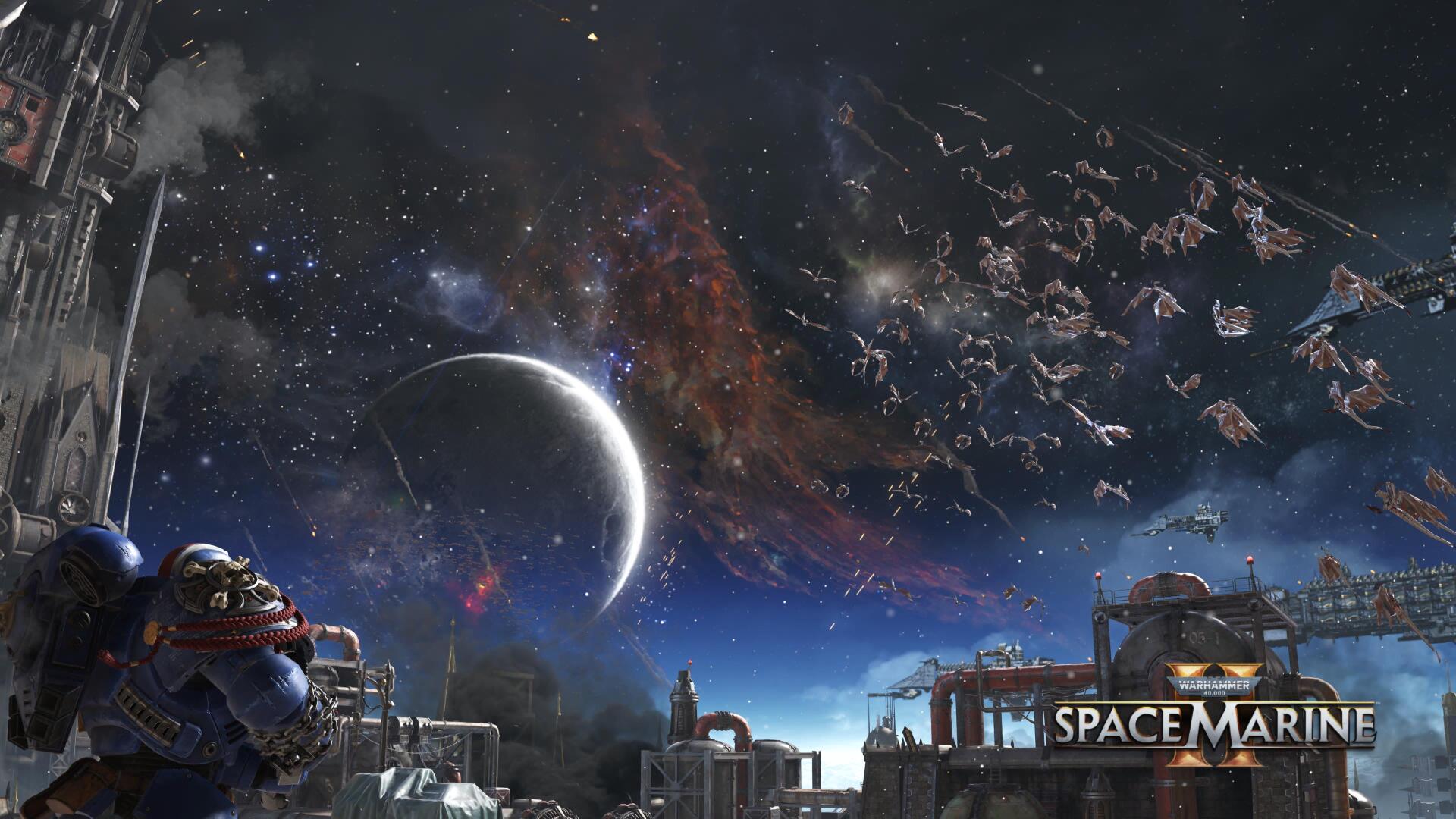 4K Ultra HD PC desktop wallpaper: Warhammer Space Marine video game art — a Space Marine in power armor stands on an industrial rooftop as a crescent moon and vast fleet fill the war-torn starfield.