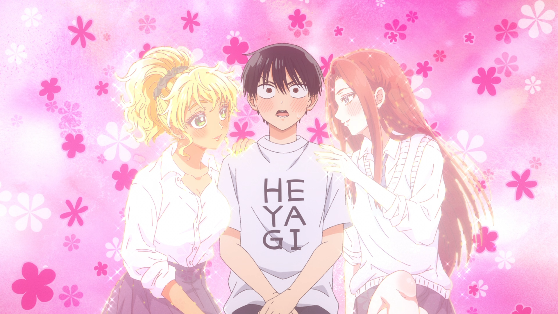 HD PC desktop wallpaper of Gals Can't Be Kind to Otaku!? — Kei Amane and Kotoko Ijichi flank a blushing Takuya Seo against a pink, cherry-blossom patterned background.