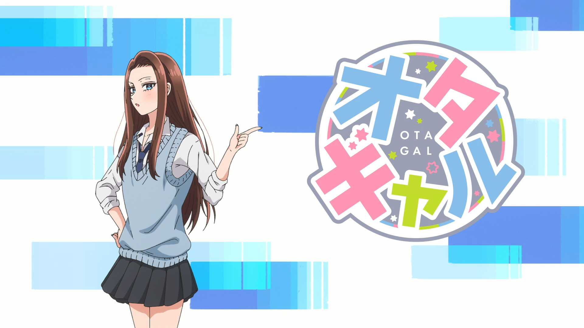 HD PC desktop wallpaper of Kei Amane from the anime Gals Can't Be Kind to Otaku!?; she stands in a school uniform beside the show's colorful logo on a white and blue geometric background.