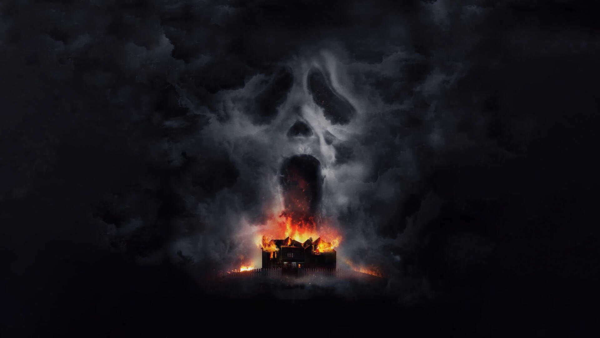 Scream 7 8K Ultra HD PC Desktop Wallpaper and Background: a burning car casts light beneath a towering, smoke-formed Ghostface mask rising from dark, stormy clouds.