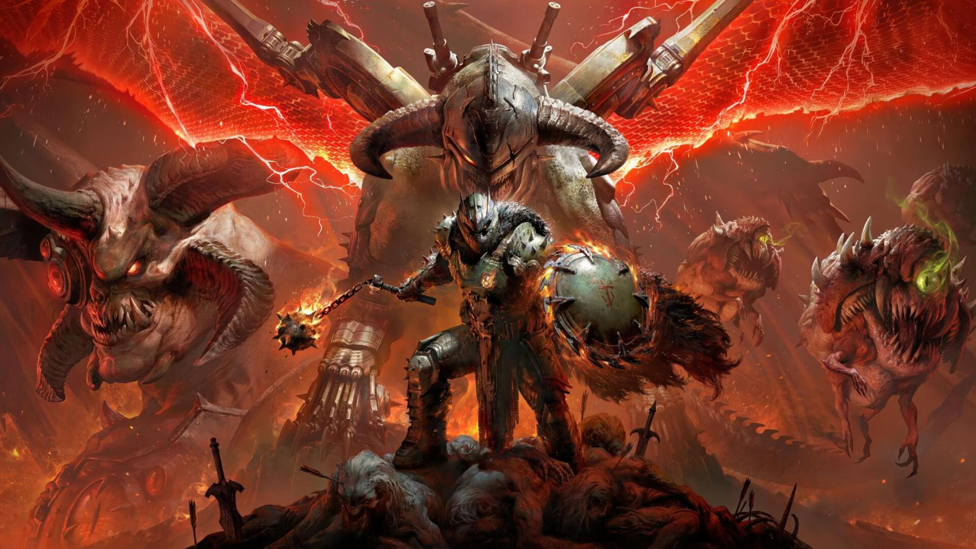 DOOM: The Dark Ages 4K Ultra HD PC Desktop Wallpaper and Background — armored Doom Slayer atop a mound of corpses under a blood-red sky, confronting towering demonic skull-creatures and scattered medieval weapons.