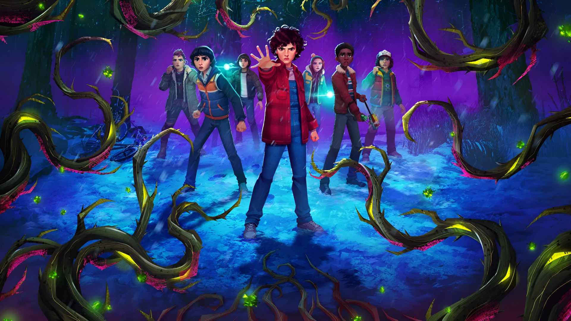 4K Ultra HD PC desktop wallpaper of TV show Stranger Things: Tales from '85 — a group of teens with flashlights stand amid glowing tendrils in a purple-blue otherworldly landscape.