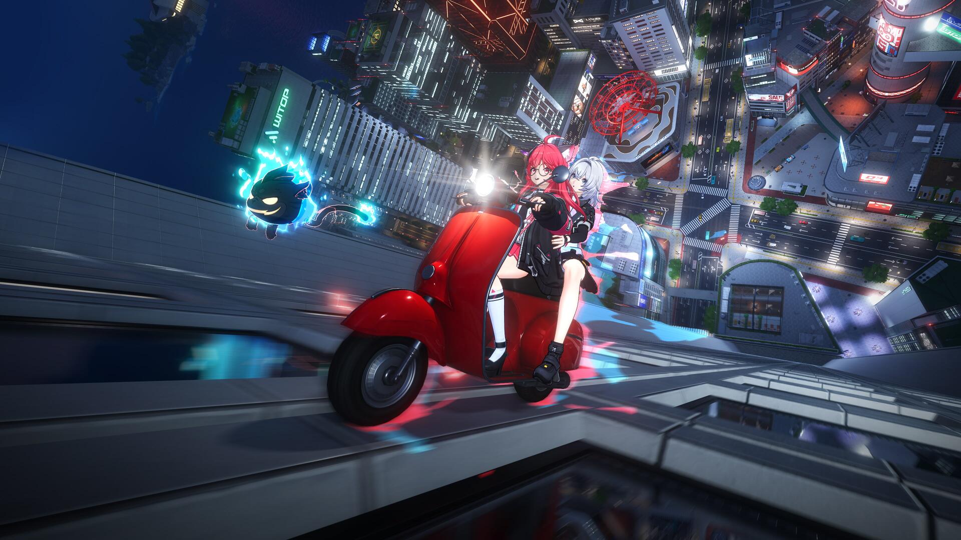 Mobile game Neverness to Everness 4K Ultra HD PC desktop wallpaper: rider on a red scooter races along a tilted glass walkway above a neon-lit cyberpunk city at night.