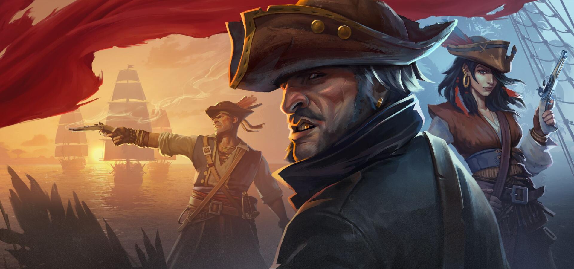 HD PC desktop wallpaper and background for the video game Windrose: a pirate crew at sunset, captain in a tricorne hat in the foreground with ship sails and crew silhouetted behind.