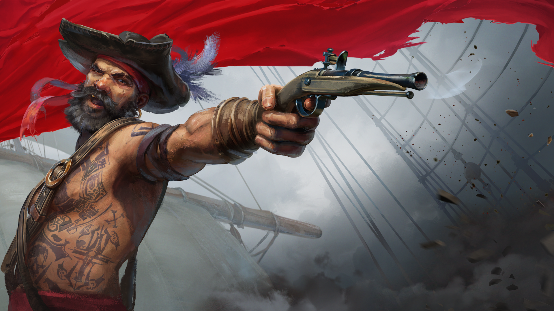 Windrose video game 4K Ultra HD PC desktop wallpaper: tattooed pirate gunslinger fires a flintlock pistol amid storm-tossed sails and a blood-red banner.