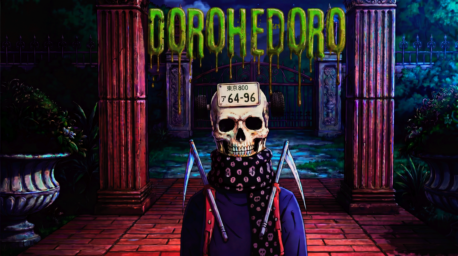 5K Ultra HD PC wallpaper of Ebisu (Dorohedoro Season 2): skull-faced anime figure with 64-96 license-plate mask, bandana and blades, set against a neon-dripping horror aesthetic.
