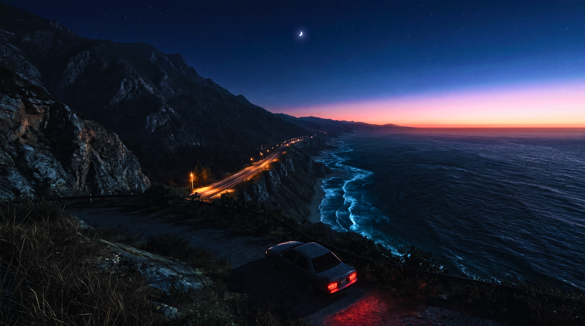 Grand Theft Auto–style 90s aesthetic 5K Ultra HD PC desktop wallpaper and background: lone car on oceanside highway during a sunset drive, neon-lit coastline and distant city lights.