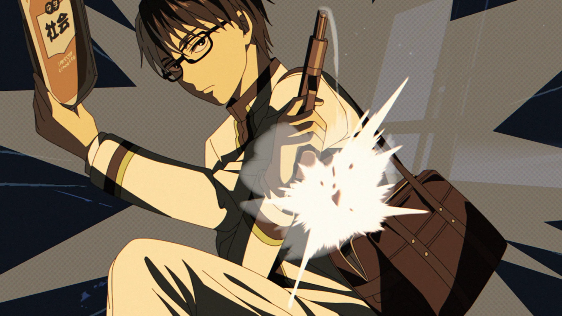 Anime HD PC desktop wallpaper of Juuzou Ougami (KILL BLUE), wearing glasses, mid-action with book and satchel, bright burst of light and dynamic motion.