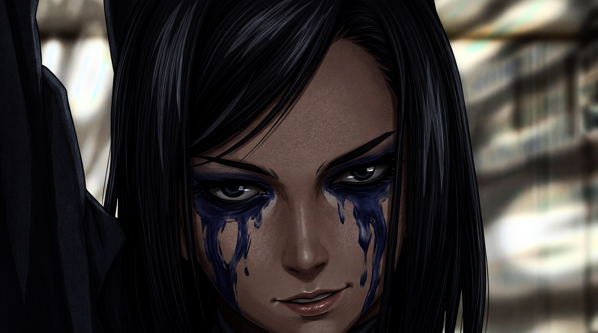 Ergo Proxy anime girl with long black hair, blue smeared tears and a hard dystopian/post-apocalyptic stare — 5K Ultra HD anime desktop wallpaper