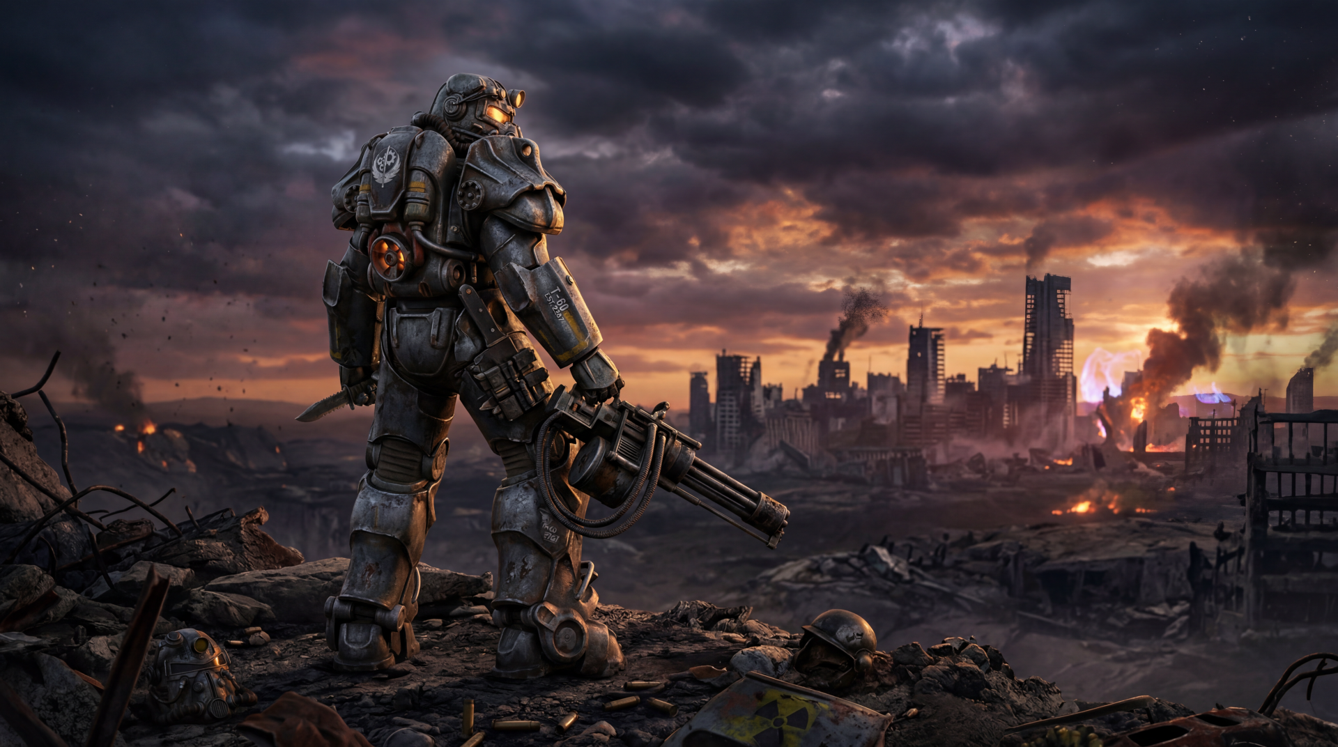 5K Ultra HD PC Desktop Wallpaper and Background — a lone armored soldier in power armor grips a heavy gun on rubble and skulls, overlooking a burning, ruined city beneath a stormy sky.