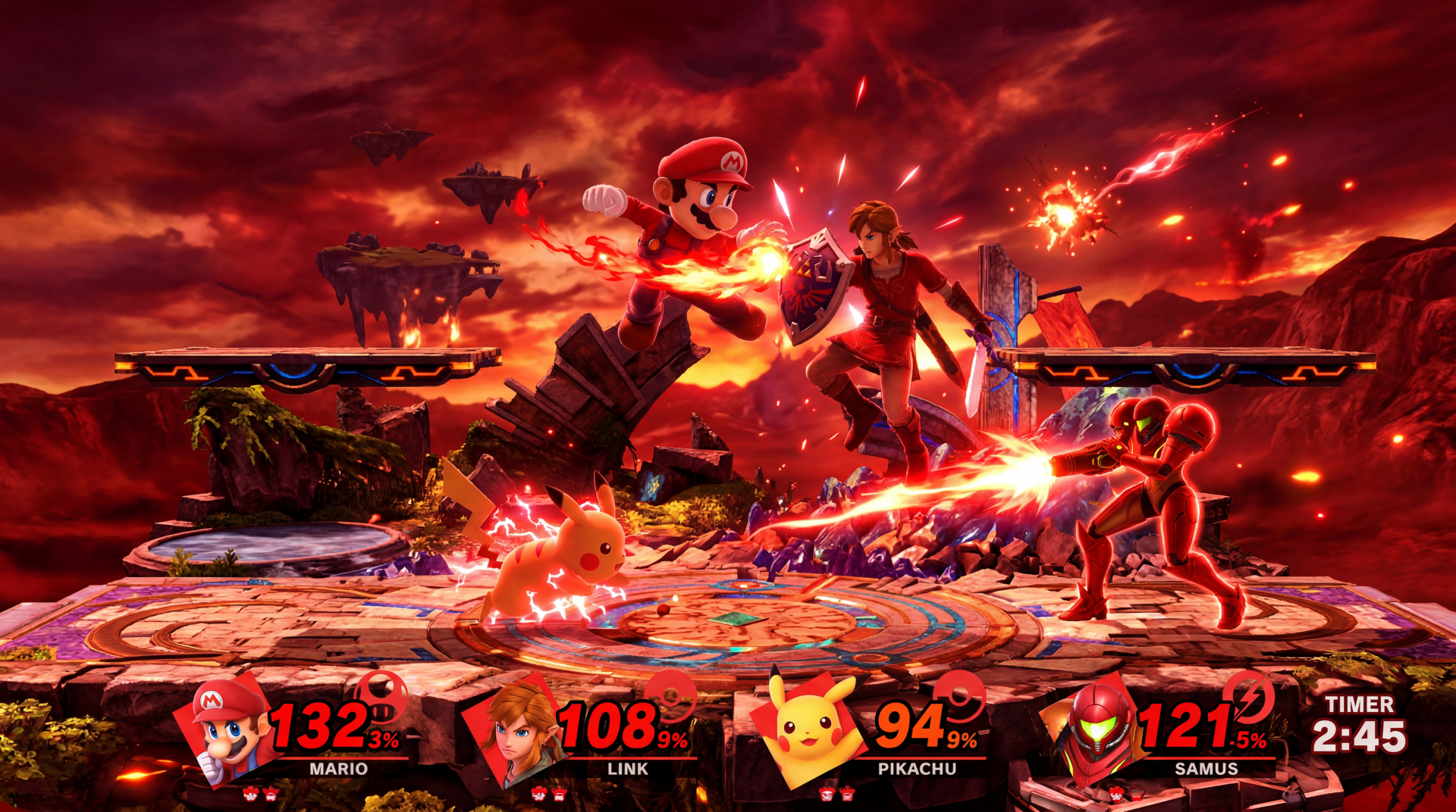 5K Ultra HD PC Super Smash Bros. desktop background: fiery battlefield with Mario, Pikachu and fighters clashing on a floating stage, damage HUD visible.