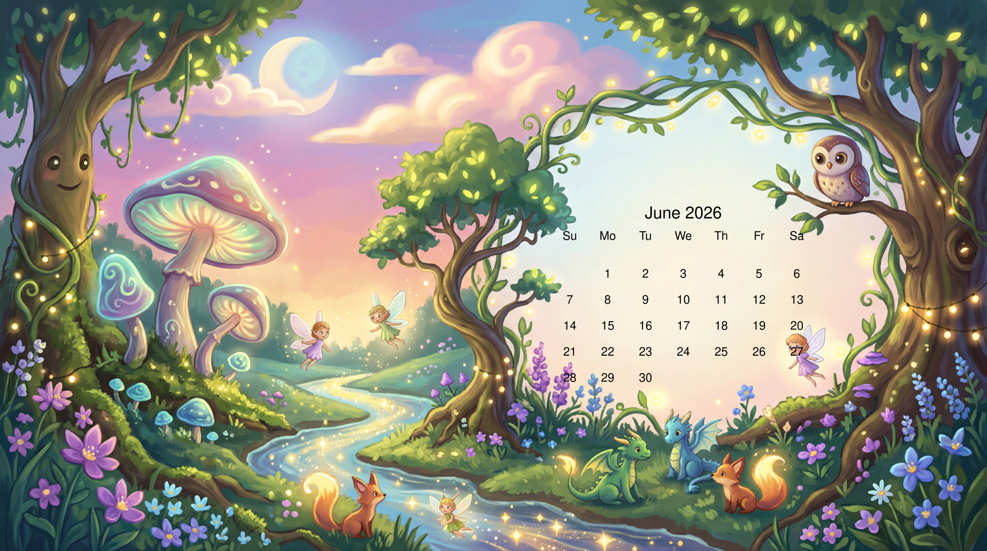 Whimsical fairy-tale landscape with glowing stream, mushrooms, owls and foxes beside a June 2026 calendar — 5K Ultra HD PC desktop wallpaper and background.