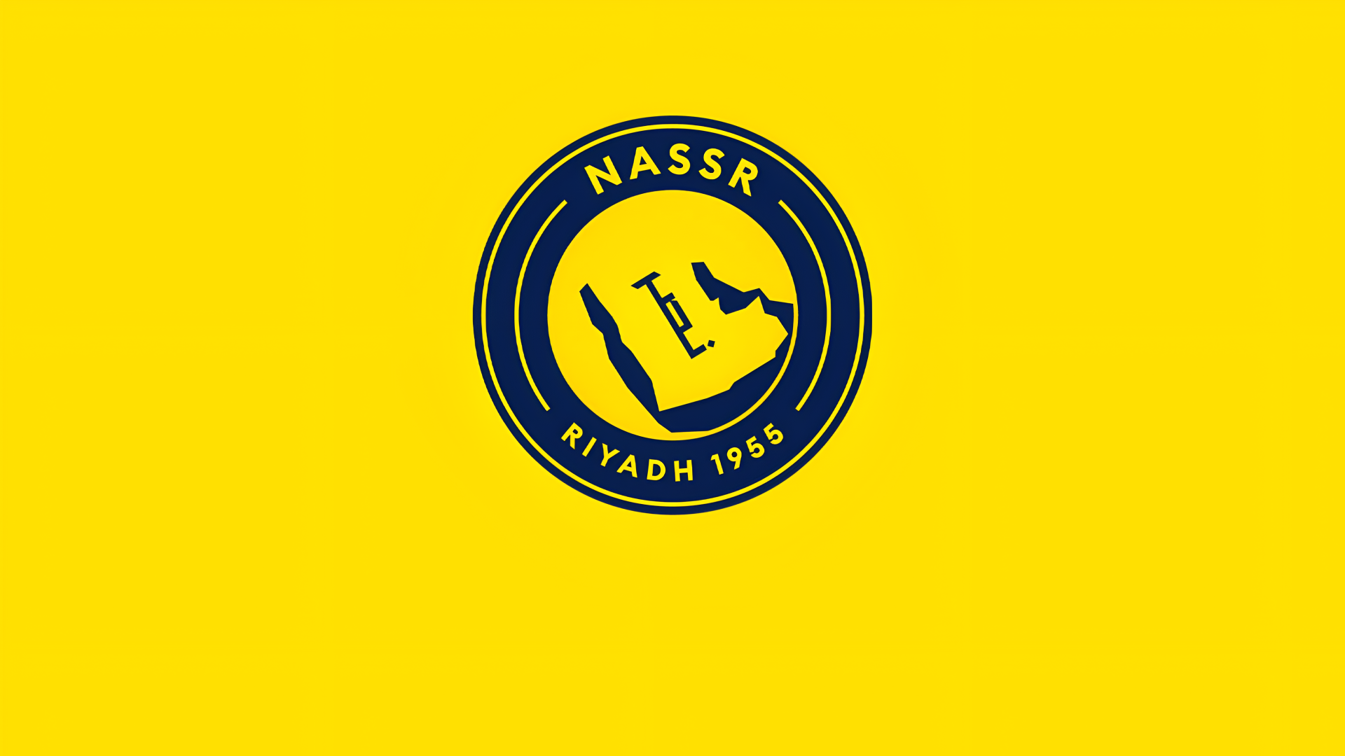 Bright yellow 4K PC wallpaper showing a navy circular Al-Nassr FC soccer sports logo with a stylized map and Nassr Riyadh 1955 centered.