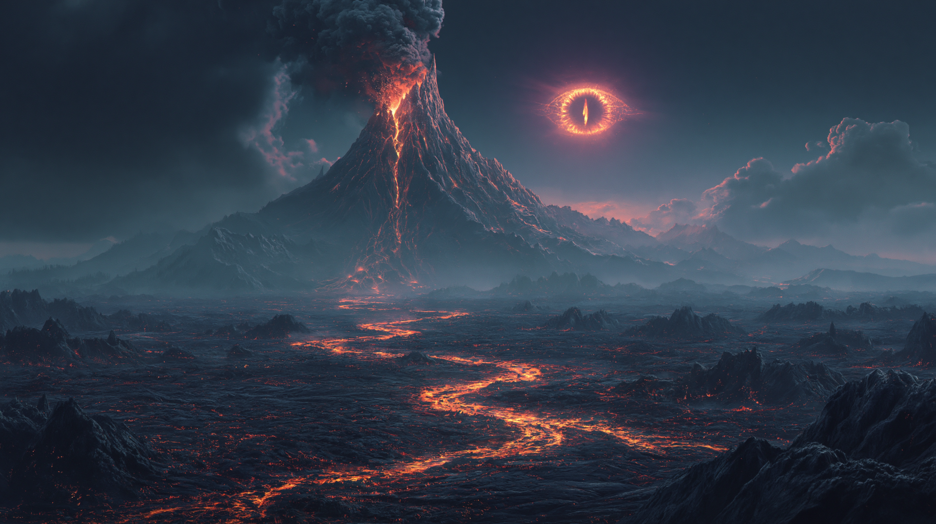 2K Quad HD PC wallpaper: dark volcanic landscape from The Lord of the Rings movie, molten rivers flowing from an erupting volcano beneath a fiery Eye in a smoky sky.