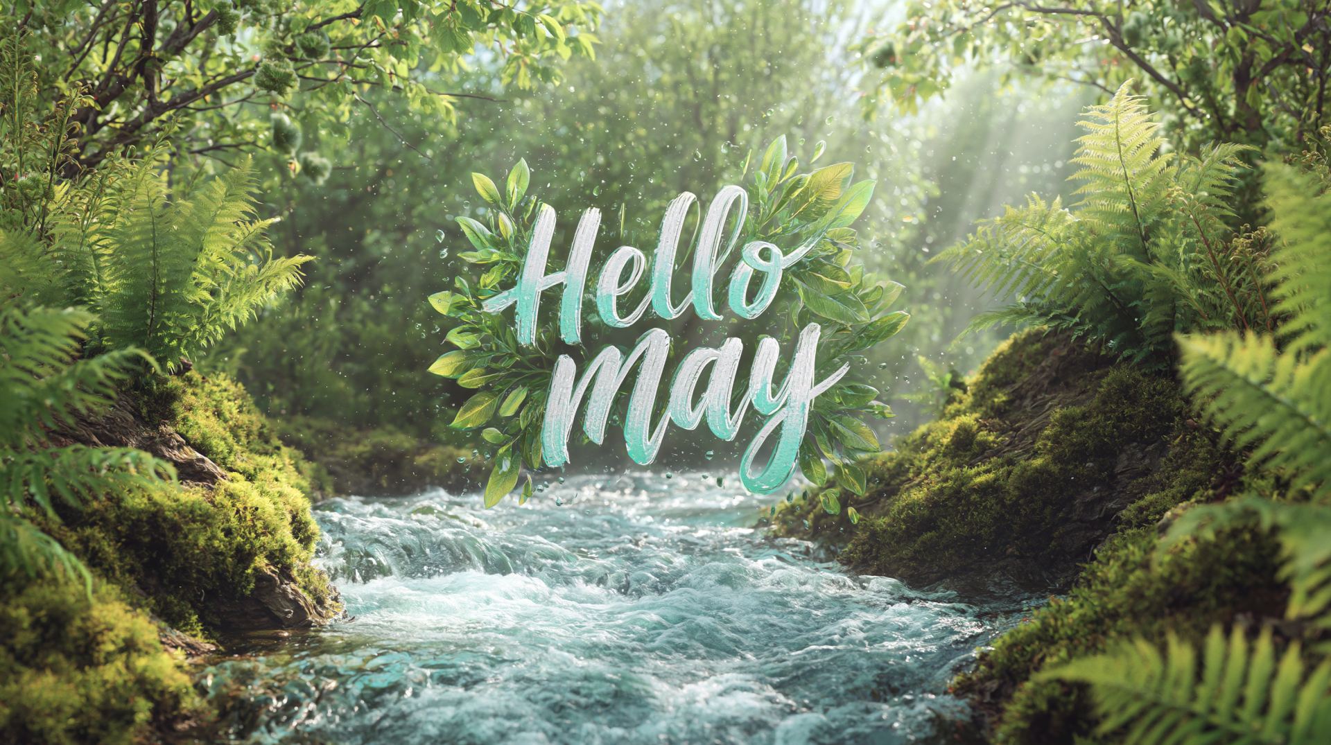 2K Quad HD PC desktop wallpaper: Hello May lettering floating above a sunlit, mossy stream surrounded by lush spring nature.