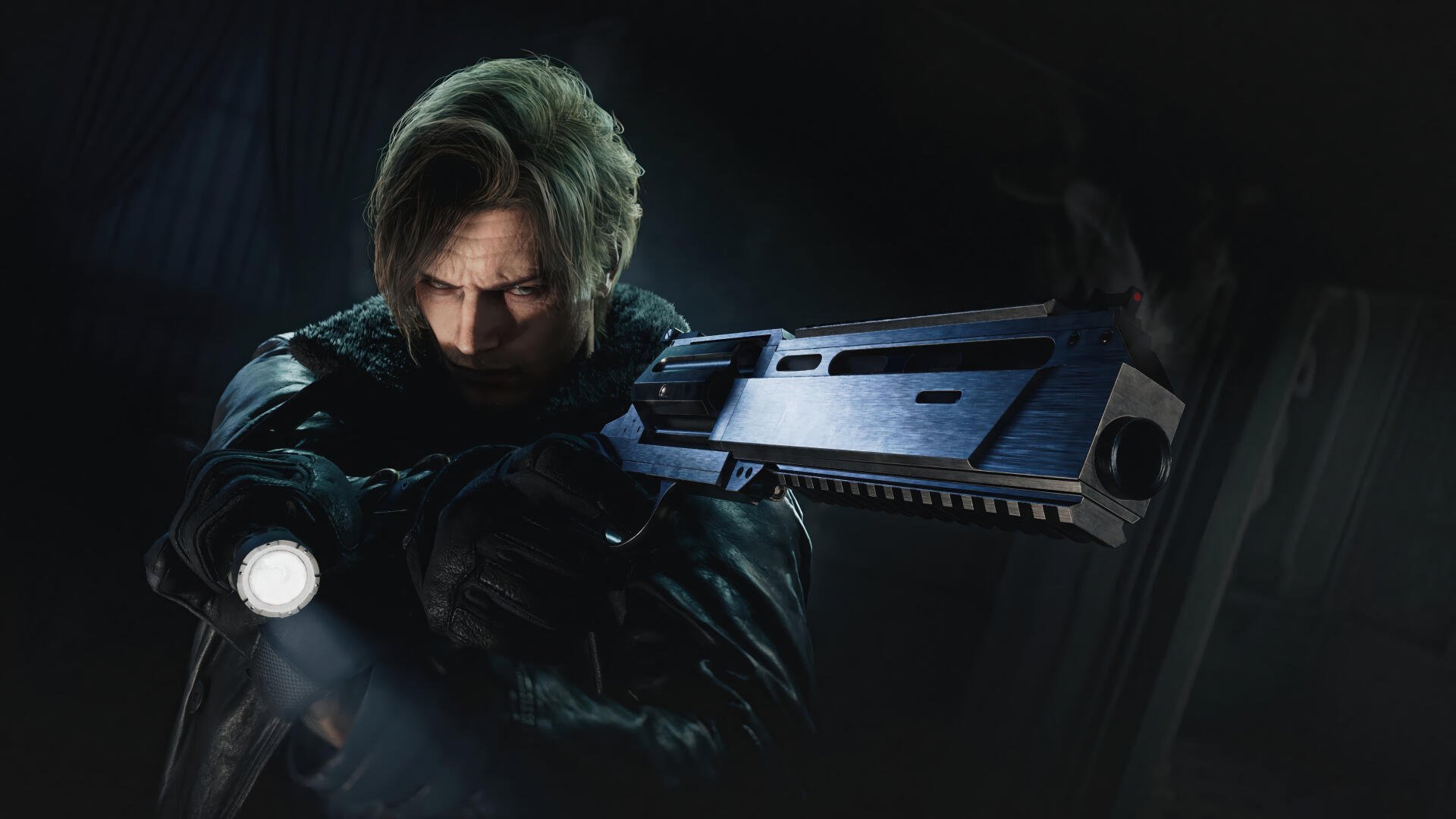 Video game 4K Ultra HD PC desktop wallpaper: Leon S. Kennedy from Resident Evil Requiem aims a shotgun, flashlight beam cutting through a tense, shadowed background.