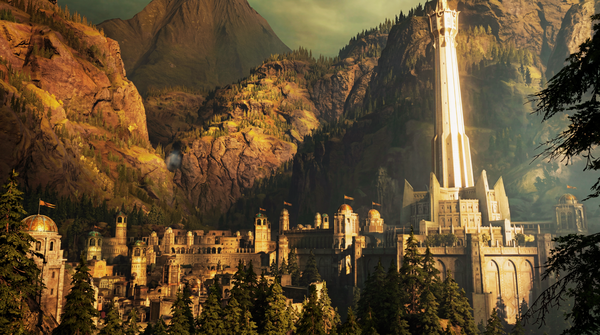5K Ultra HD desktop wallpaper of Minas Ithil in the Lord of the Rings — Middle-earth: Shadow of Mordor scene: an ancient fortress city with a towering spire among rugged mountains.