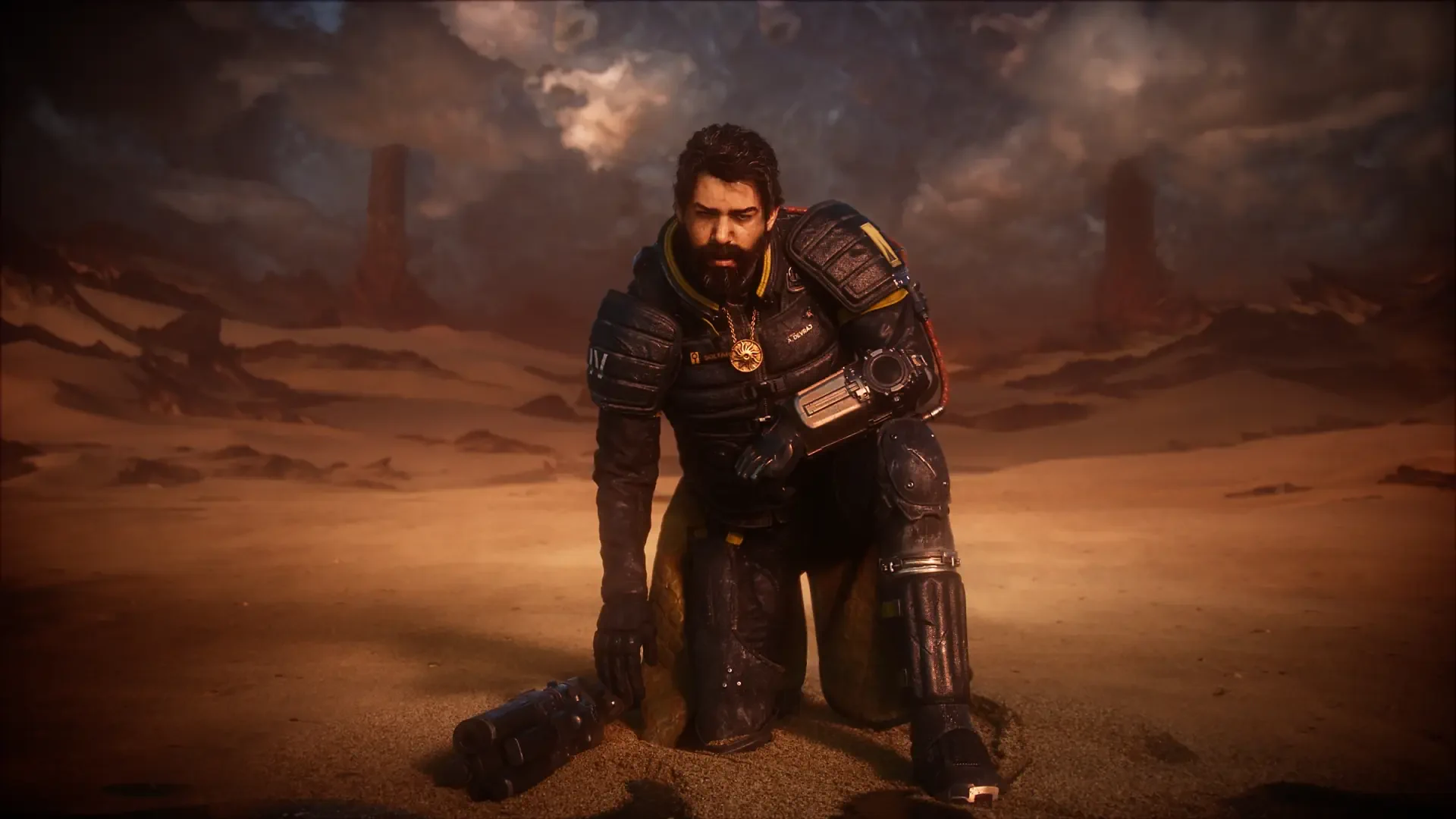HD PC desktop wallpaper and background: Saros, a bearded armored video game warrior kneeling in a windswept desert beneath stormy skies.
