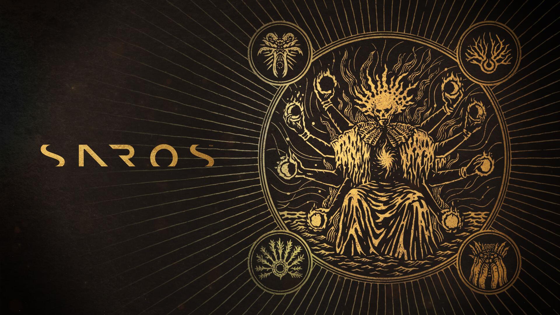 4K Ultra HD PC desktop wallpaper for the video game Saros: gold-on-black ornate circular sigil featuring a crowned, many-armed throne figure surrounded by arcane symbols and radiating lines.