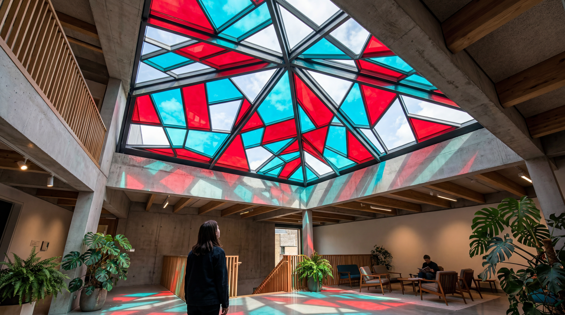 5K Ultra HD PC desktop wallpaper and background: modern atrium with geometric stained-glass skylight in red, teal and white, casting colored patterns; lone figure stands among plants and seating.