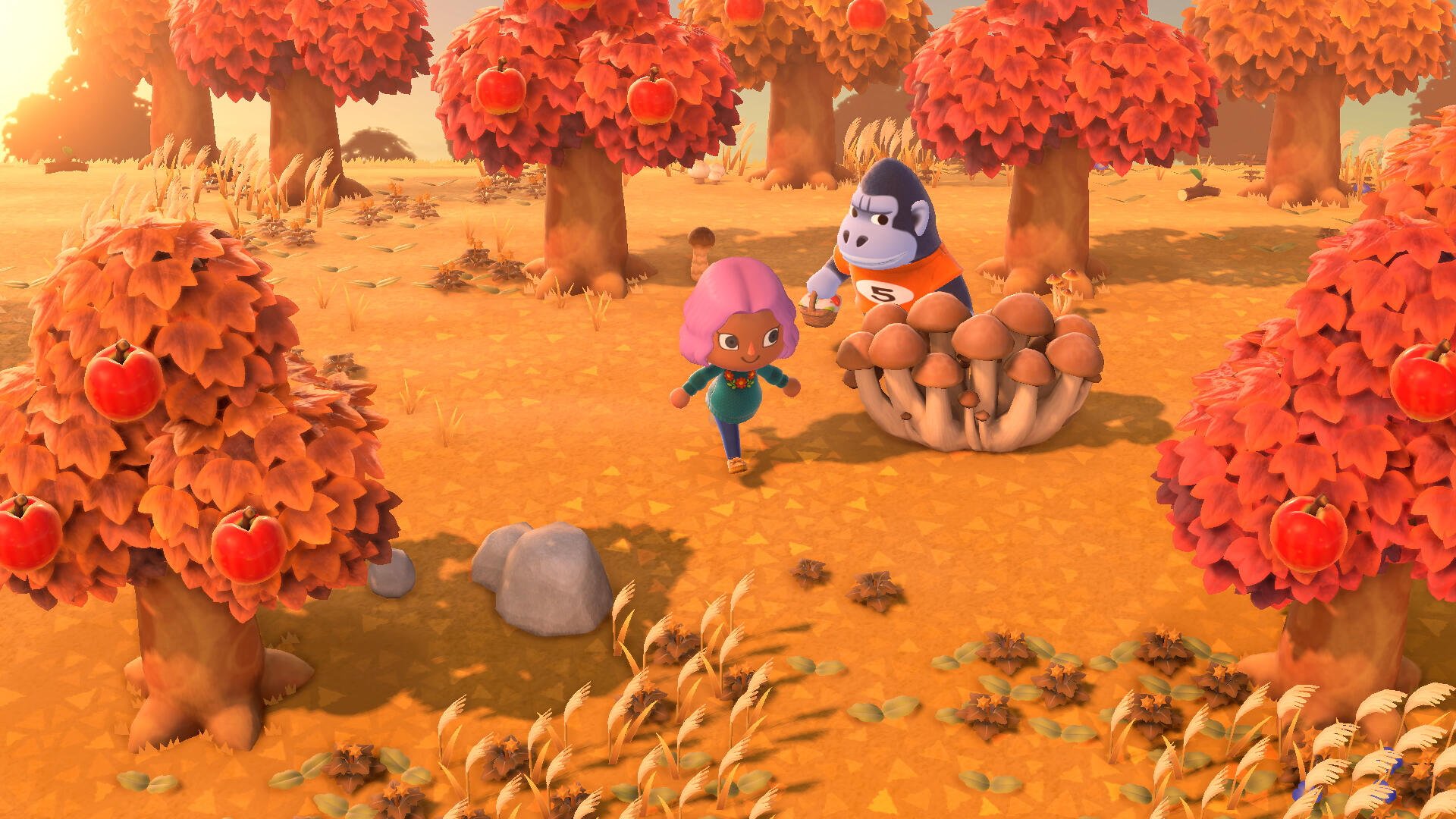 Animal Crossing: New Horizons HD PC desktop wallpaper — a pink-haired player and a gorilla villager gather mushrooms under orange autumn trees with apples and fallen leaves.