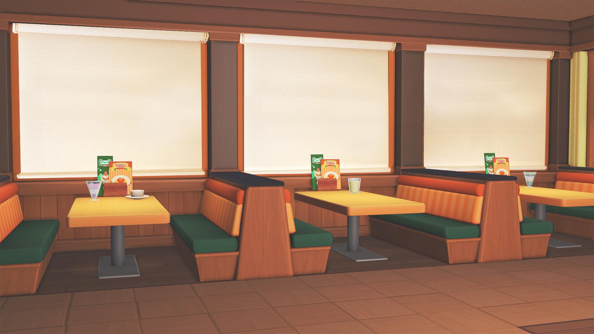Tomodachi Life, Tomodachi Life: Living the Dream HD PC desktop wallpaper — cozy empty diner interior with booth seating beneath three windows.