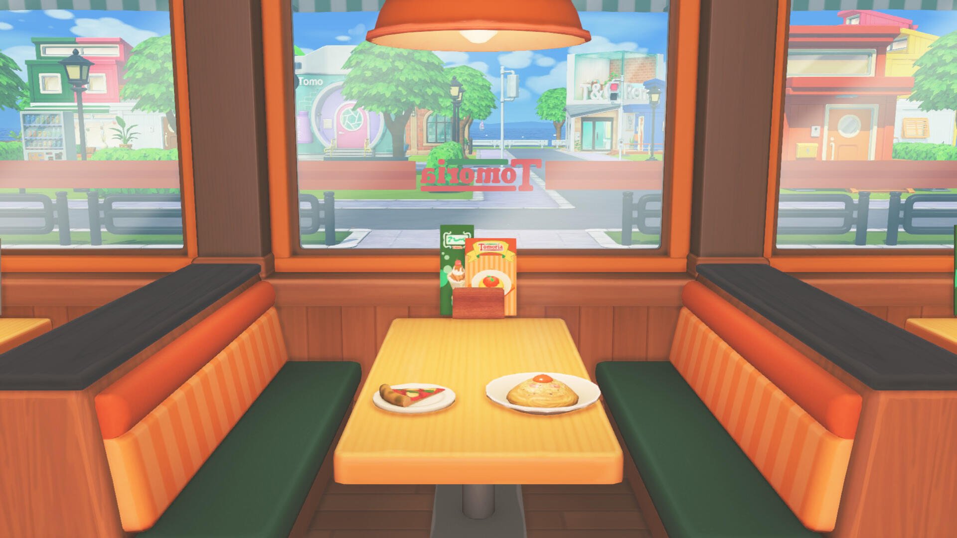 Tomodachi Life, Tomodachi Life: Living the Dream — HD PC desktop wallpaper/background of a cozy diner booth with two plates on the table and a colorful town seen through the window.