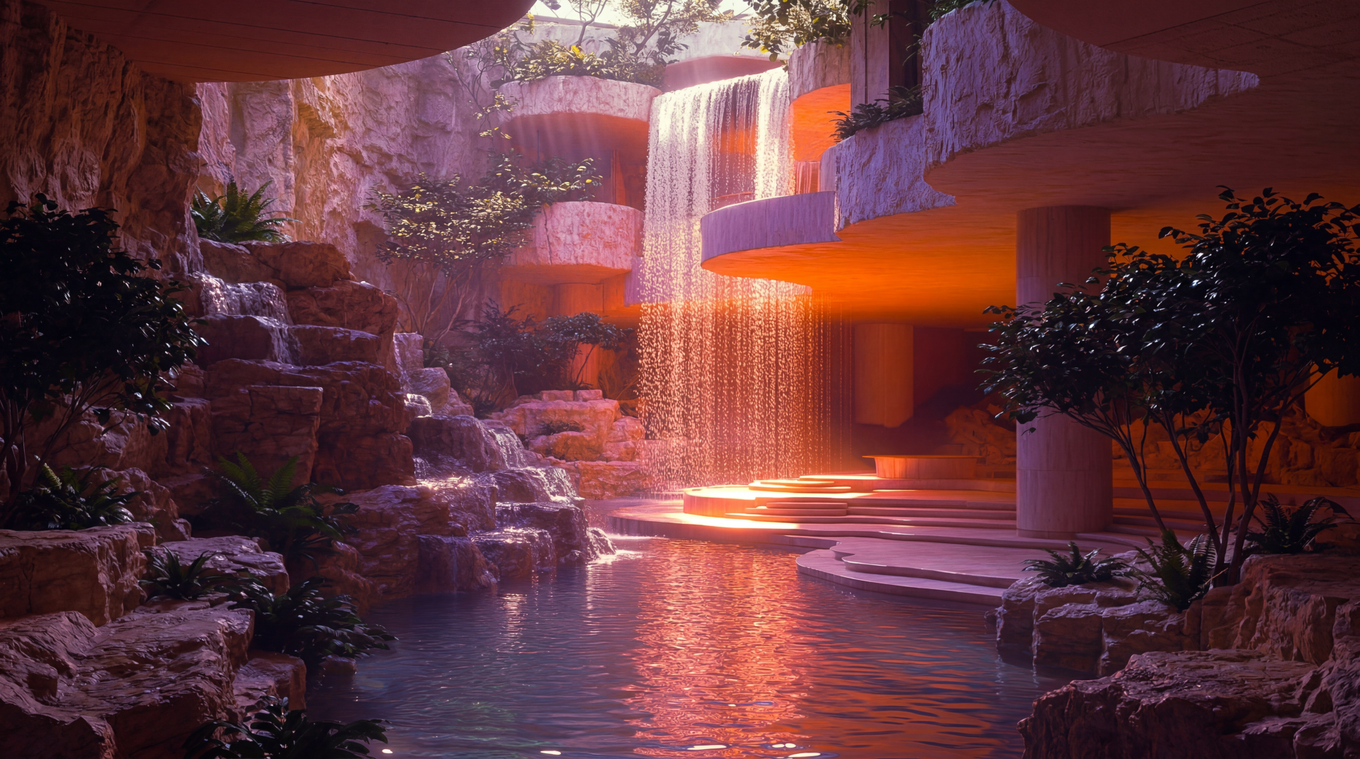 Dreamy poolcore liminal space, surreal 5K Ultra HD PC desktop wallpaper and background: glowing cavern pool with terraced platforms, warm orange light, cascading waterfall and reflections.