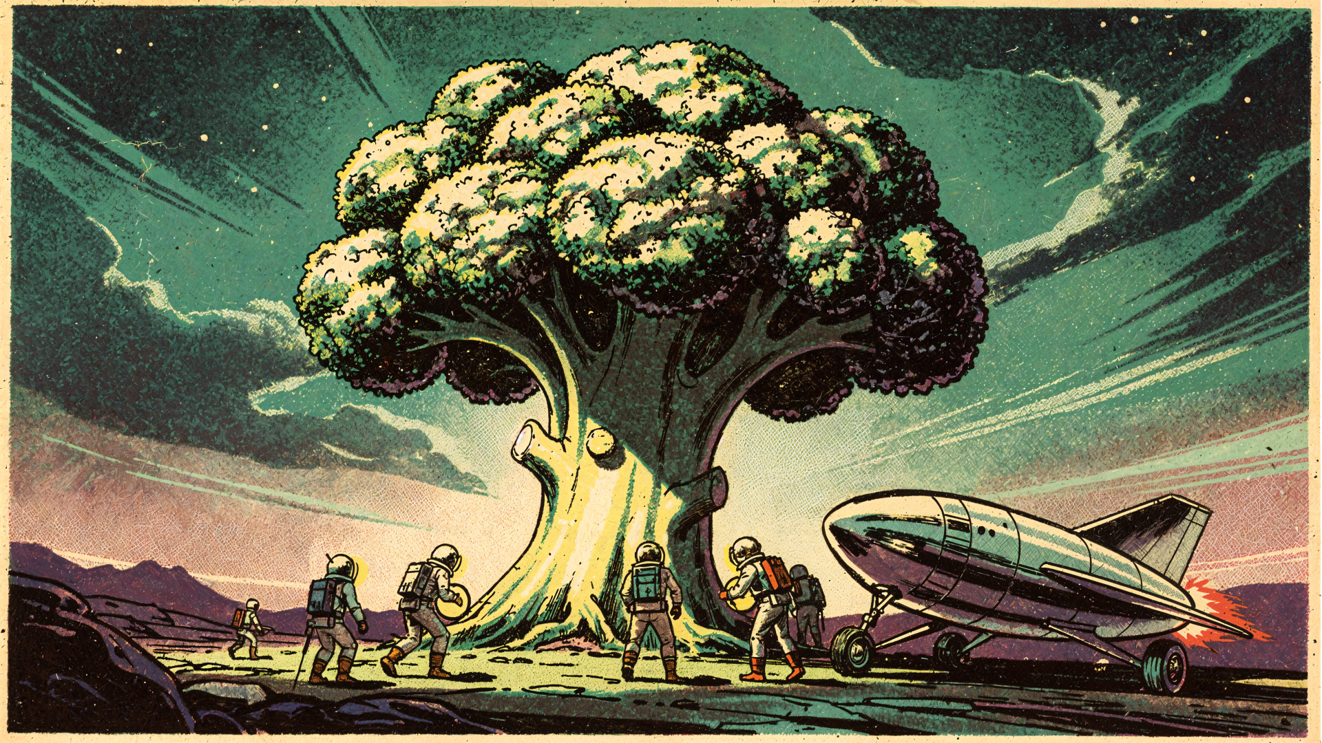 4K Ultra HD PC desktop wallpaper showing a massive broccoli-like tree on an alien plain, explorers in suits and a landed spaceship beneath a starry sky.