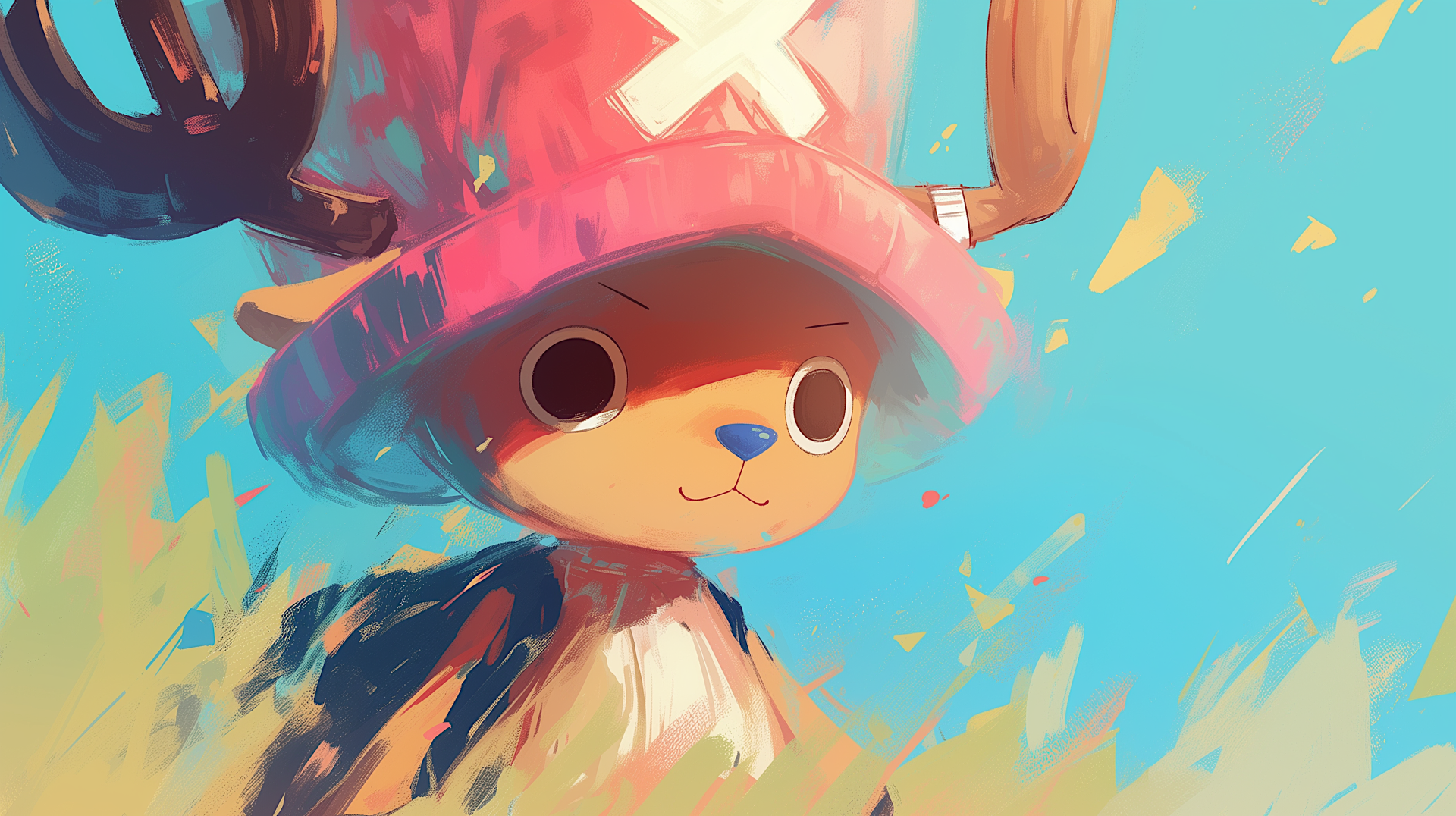 Cute anime portrait of Chopper (One Piece) in colorful painterly strokes, 2K Quad HD PC desktop wallpaper and background.