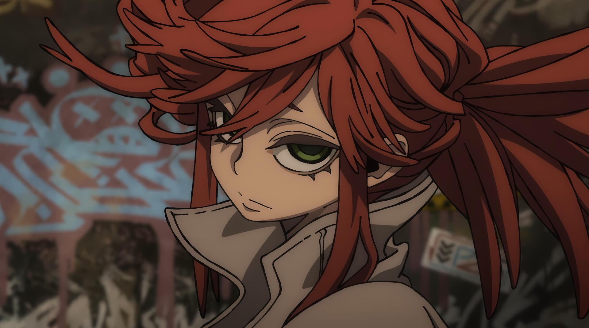 Anime portrait of Riyou Reaper (Gachiakuta): red-haired, green-eyed scowling figure in a high-collared coat — 4K Ultra HD PC desktop wallpaper/background.