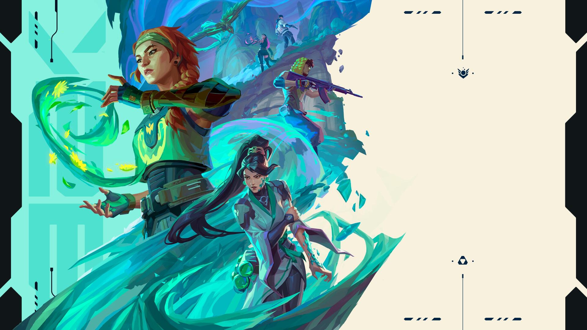 4K Ultra HD Valorant PC wallpaper featuring Sage, Skye, Miks and Reyna in dynamic teal-blue action poses, swirling energies and abstract tech elements across the backdrop.