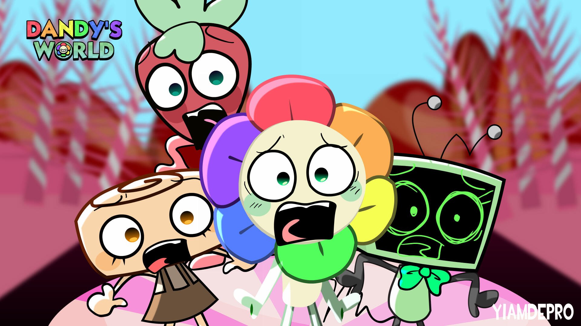 4K Ultra HD PC desktop wallpaper and background from Dandy's World: panicked cartoon characters — rainbow-petal flower, TV-headed bot and others — racing through a surreal survival game landscape.