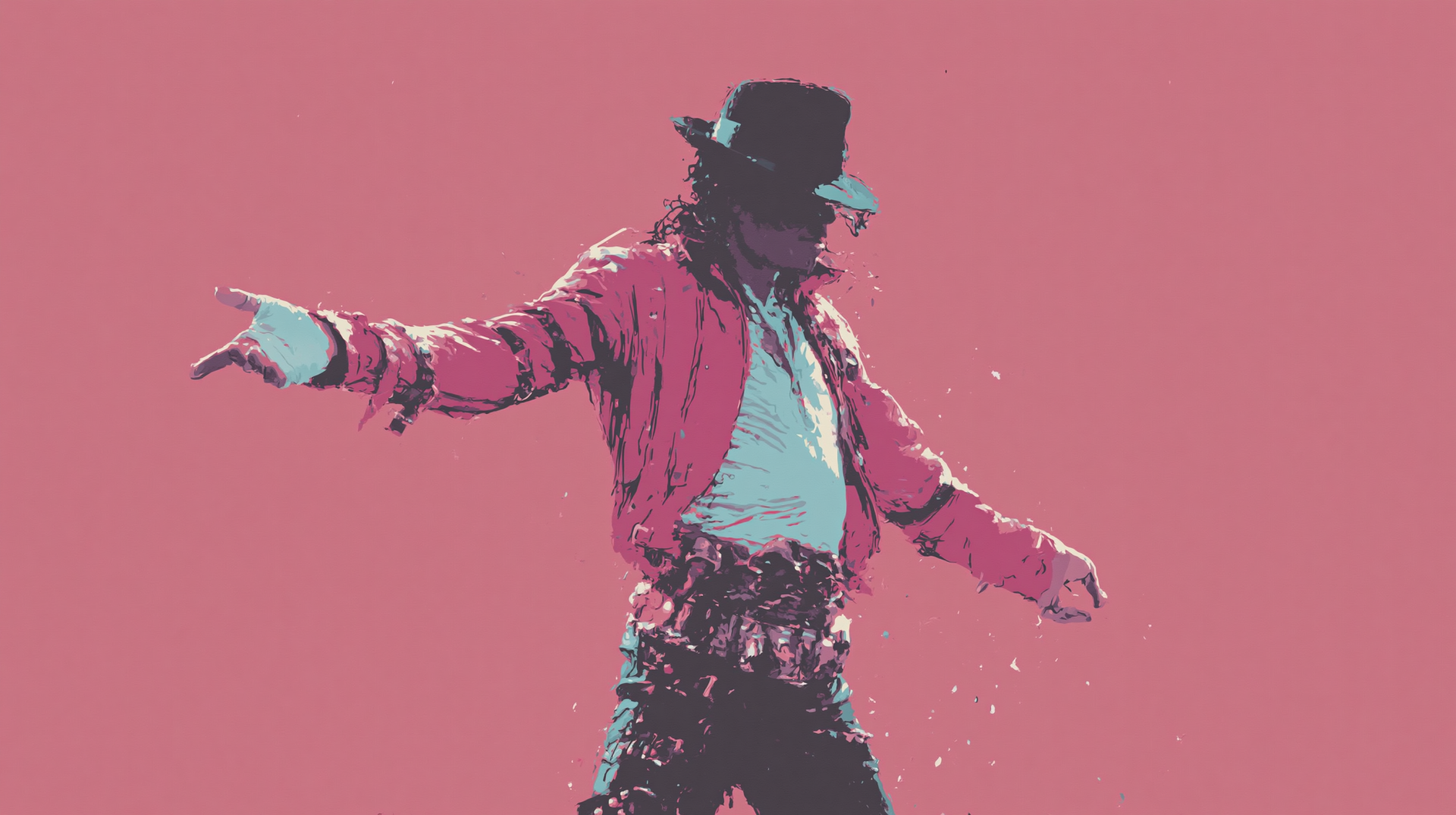 Minimalist red 2K Quad HD PC desktop wallpaper of a male pop singer in a black fedora and red jacket striking a dynamic dance pose.