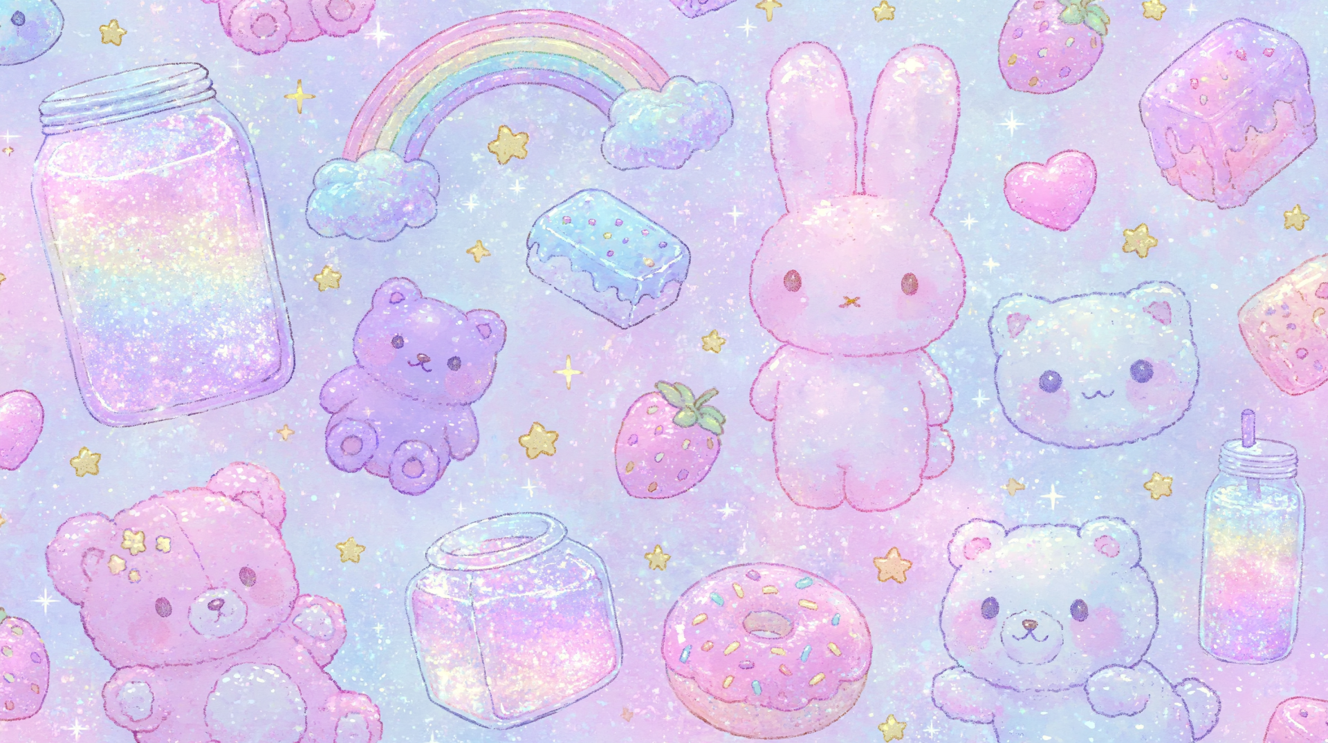 Whimsical pastel fairy-kei cutecore kawaii illustration of jars, bunny and bear plushies, donuts, rainbows and hearts — 2K Quad HD PC desktop wallpaper/background.