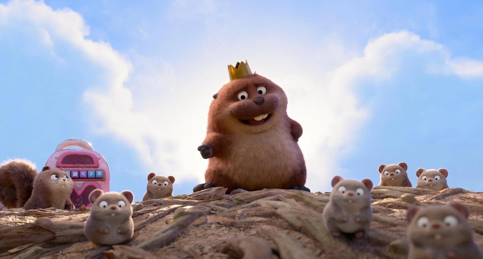 Animated movie Hoppers 2K Quad HD PC wallpaper: a crowned, smiling furry leader stands on a rocky mound surrounded by many small, wide-eyed rodent-like companions under a bright blue sky.